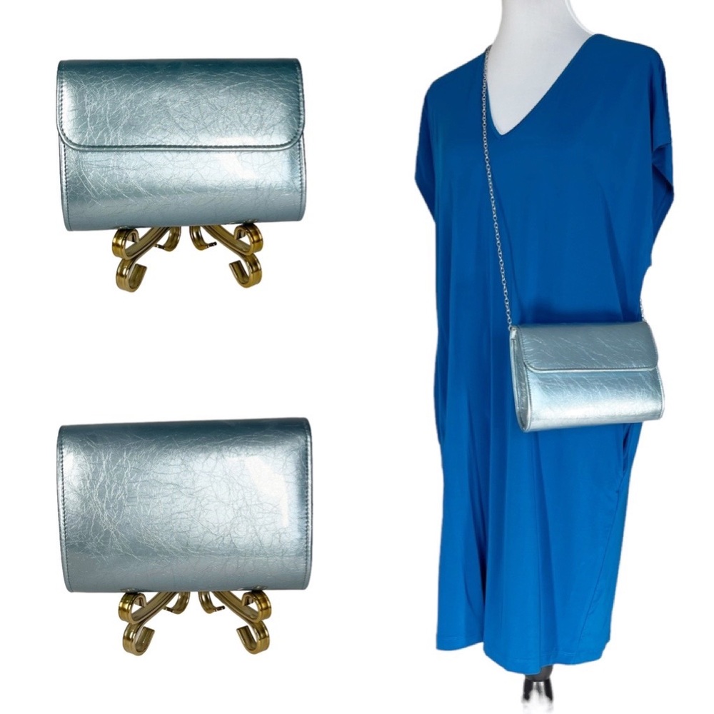 Shimmer Blue Hard Case Patent Leather Prom Evening Clutch Shoulder Bag NWOT